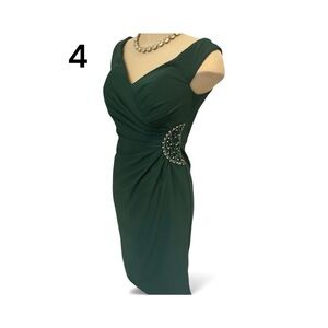 OLEG CASSINI Dress Size 4 Juniper Green Crepe Off Shoulder With Embellishments